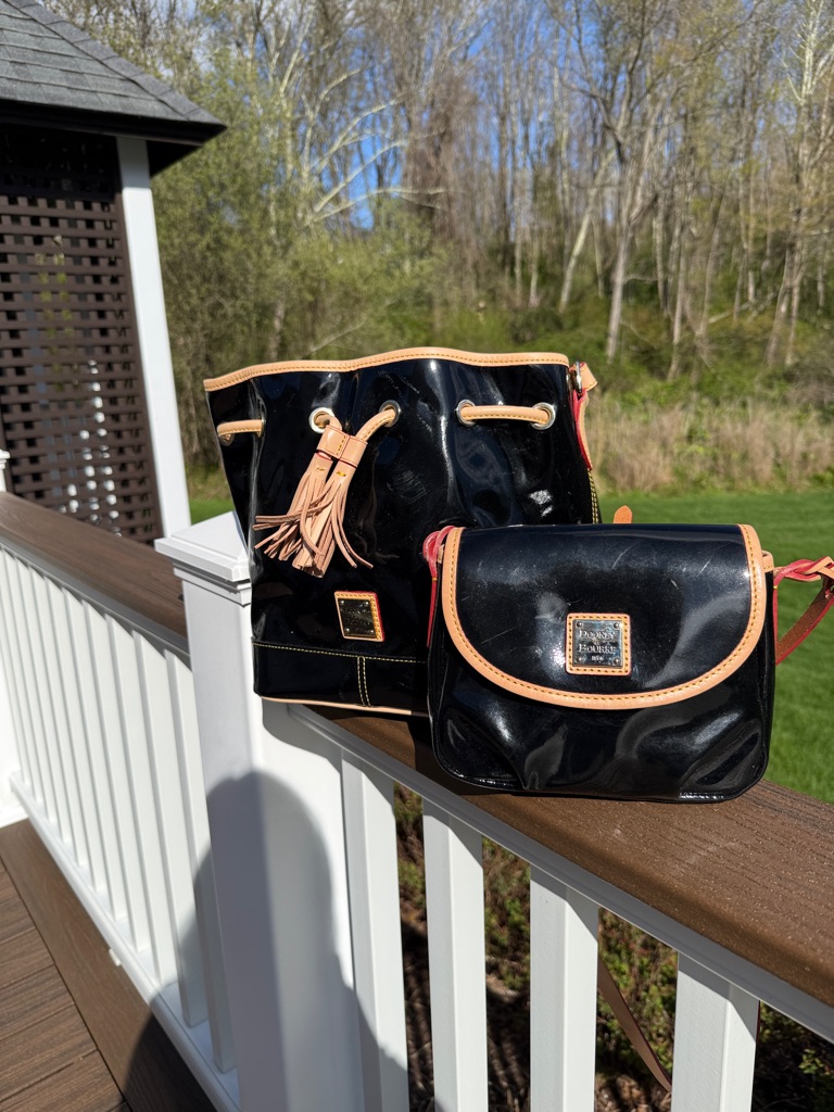 Black Patent Drawstring Bucket Bag And Shoulder Bag With Tan Trim